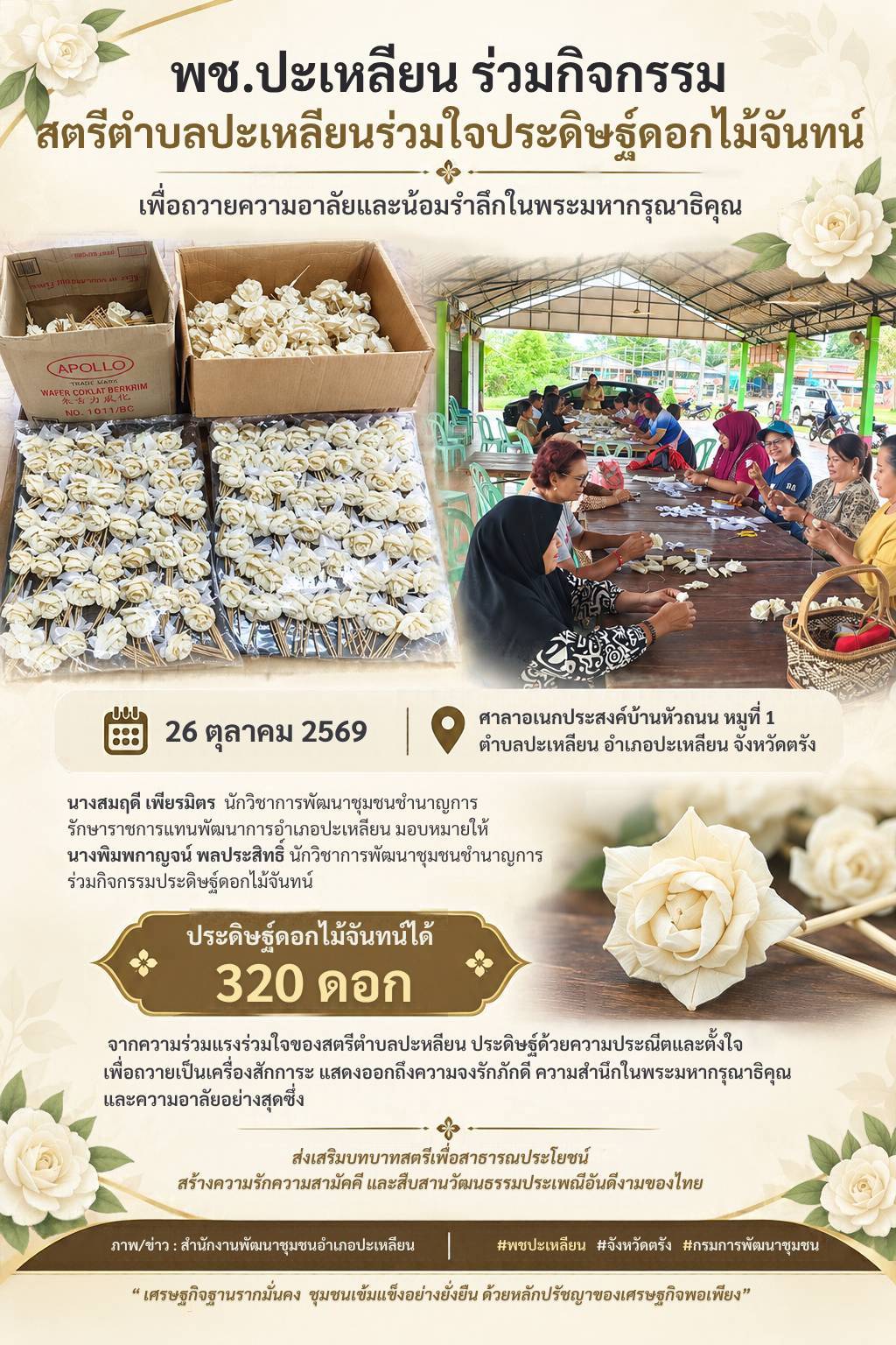 🌟พช.ปะเหลียน ร่วมกิจกรรม"สตรีตำบลปะเหลียนร่วมใจประดิษฐ์ดอกไม้จันทน์" เพื่อถวายความอาลัยและน้อมรำลึกในพระมหากรุณาธิคุณ